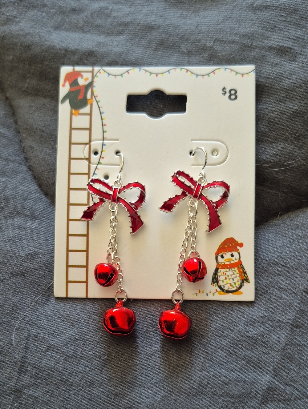Festive Red Bow and Bell Dangle Earrings for Woman